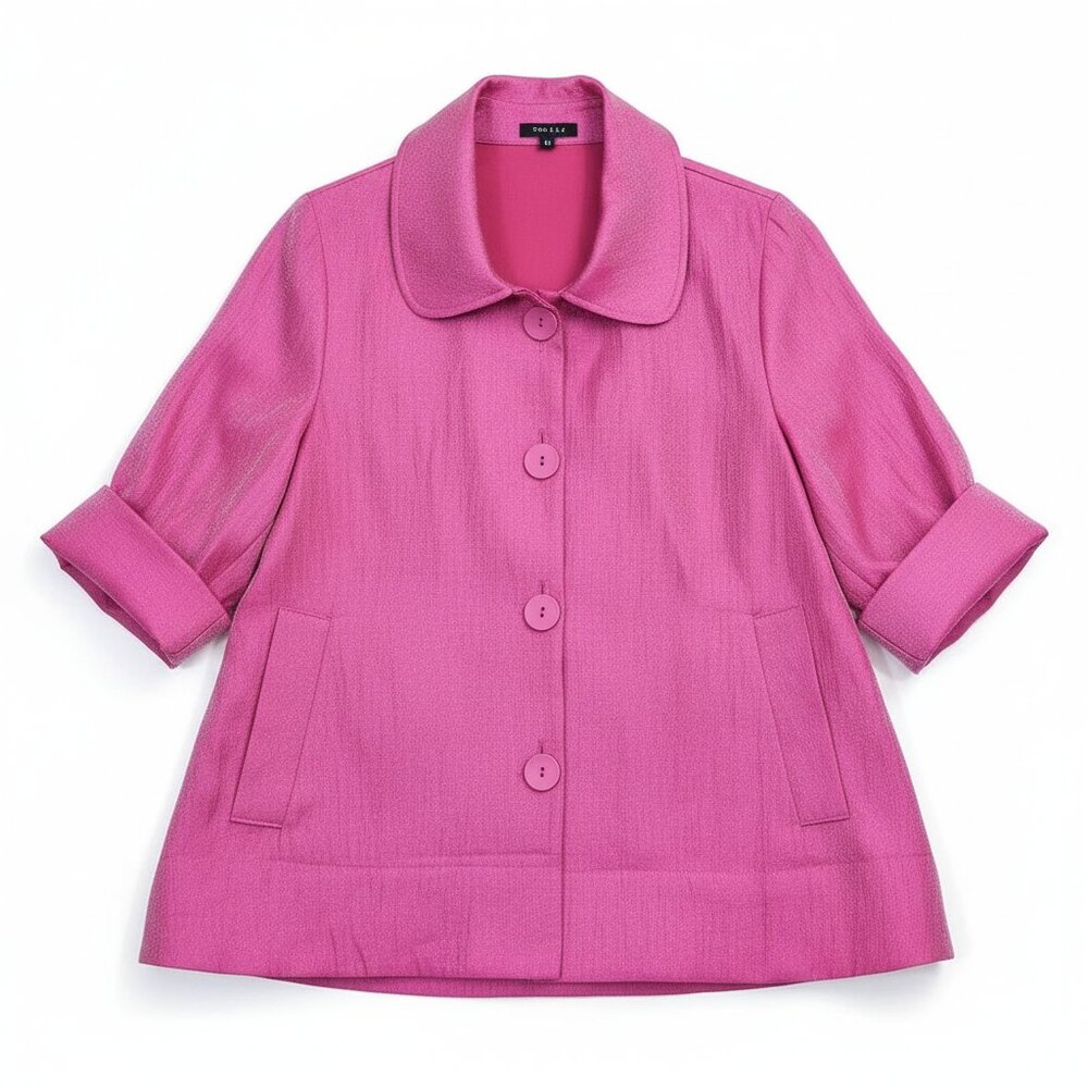 Damee Womens Short Swing Jacket Size Medium Button Up Fuchsia Pink Shiny Sparkle